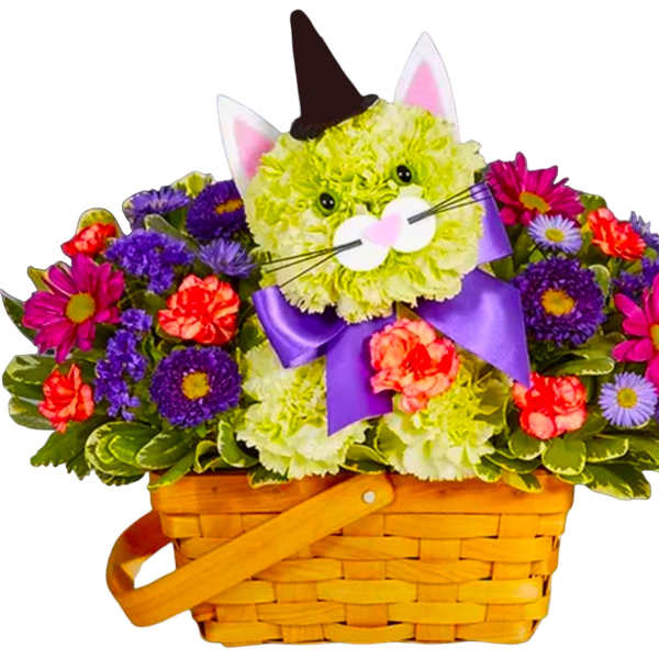 Cat-shaped flower basket with purple ribbon and a witch hat