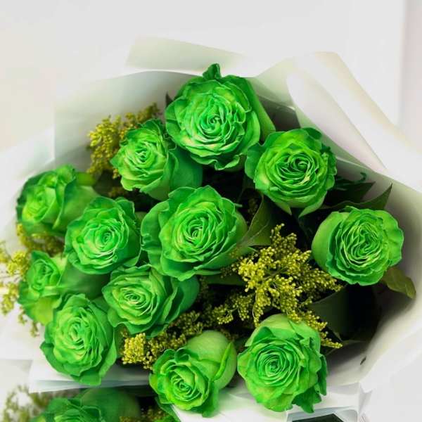 Bouquet of bright green roses wrapped in white paper