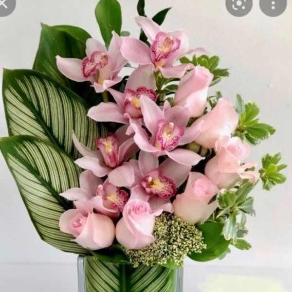 Pink orchids and roses arranged in a clear glass vase
