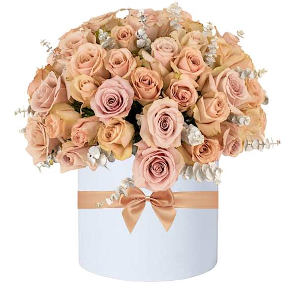 Peach and blush roses arranged in a white hat box with a satin bow