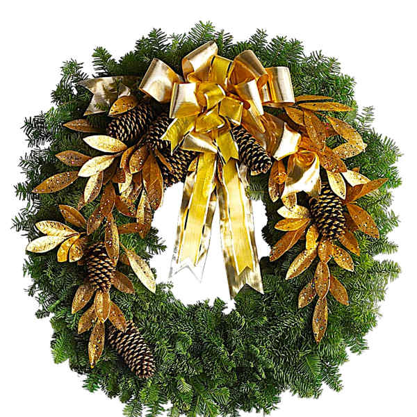 Evergreen wreath with gold ribbon, pinecones, and glittered leaves