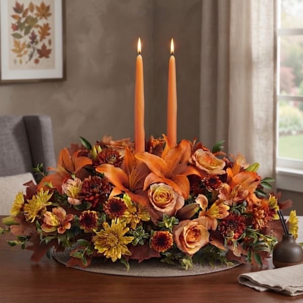 Orange floral centerpiece with two tall taper candles