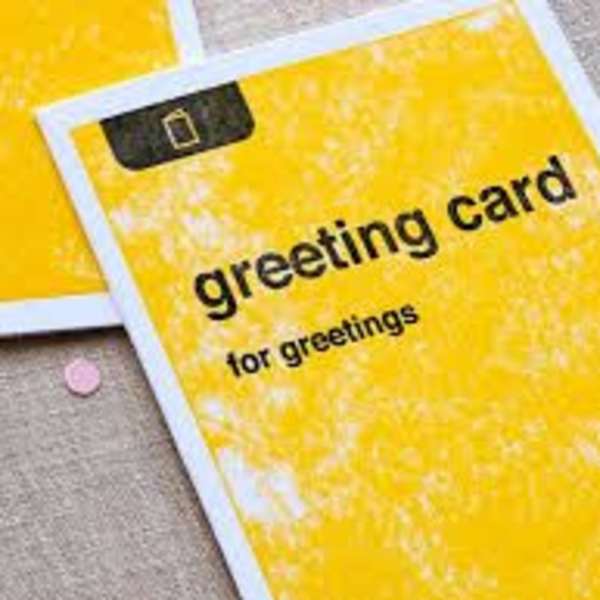 Yellow greeting cards with black text and white borders