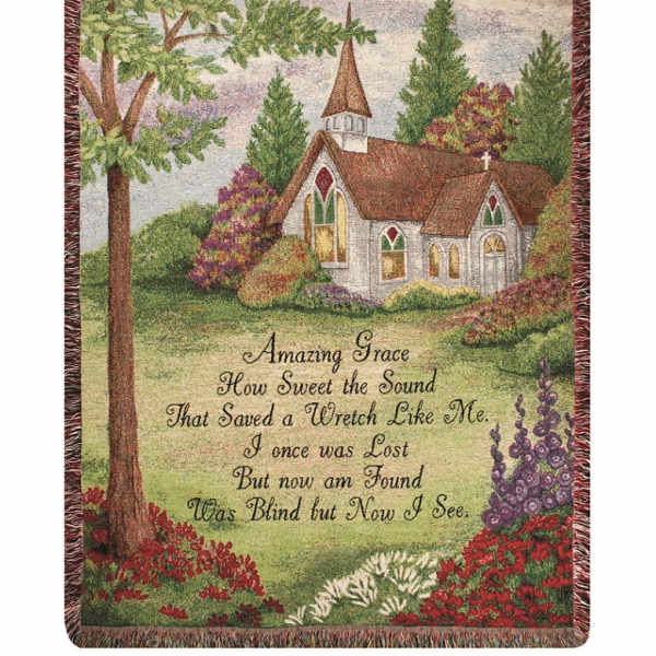Decorative woven throw with a church scene and the words Amazing Grace