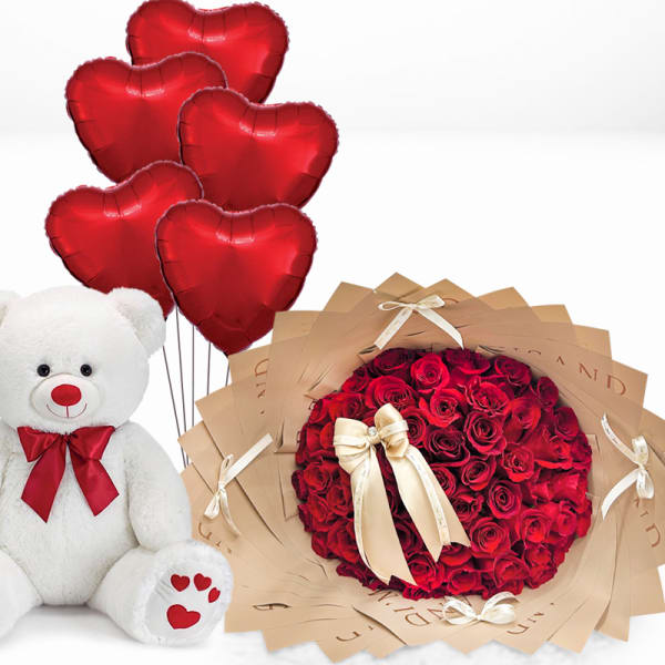 Special day Surprise, 50 Red Roses Teddy Bear & Balloons