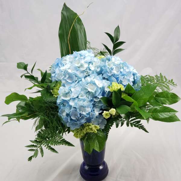Blue hydrangea arrangement in a dark blue vase with green foliage