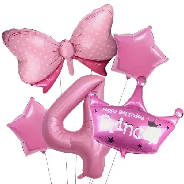 Pink birthday balloons shaped like stars, a bow, and a number 4