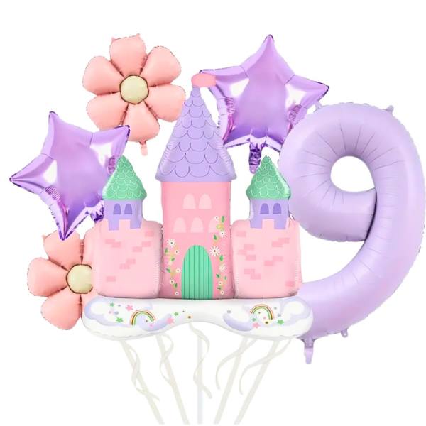 Pastel castle and star-shaped balloons with flower accents