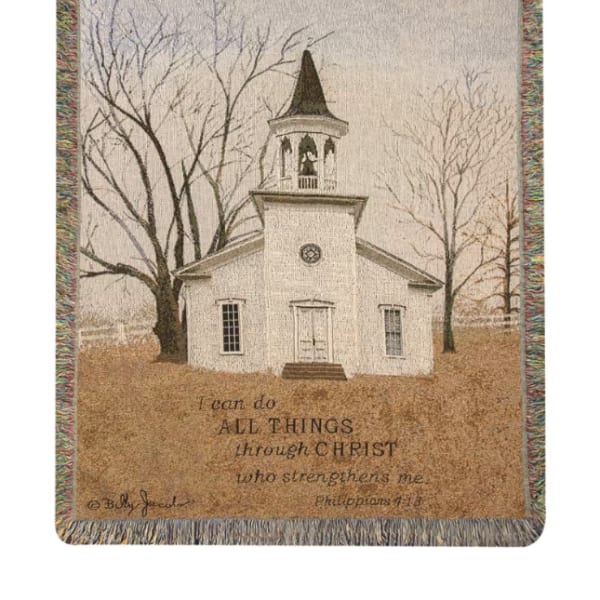Religious woven throw blanket with a white church and Bible verse in muted neutral tones