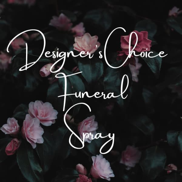 Pink funeral spray with dark foliage and white script text