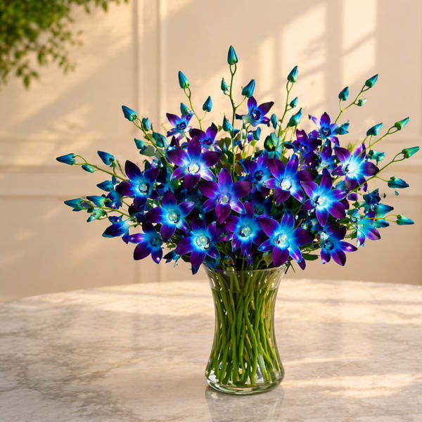 Luxury Blue & Purple Dendrobium Orchids in Vase | Same Day Orchid Delivery Houston TX