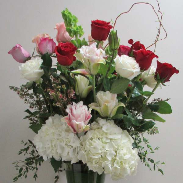 Tall bouquet of red, pink, and white roses with white hydrangeas in a glass vase