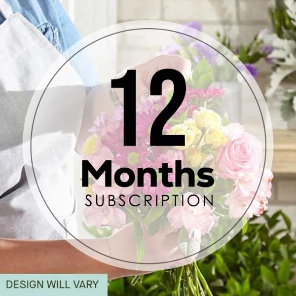 Person holding a mixed pink and yellow bouquet with a 12 months subscription overlay