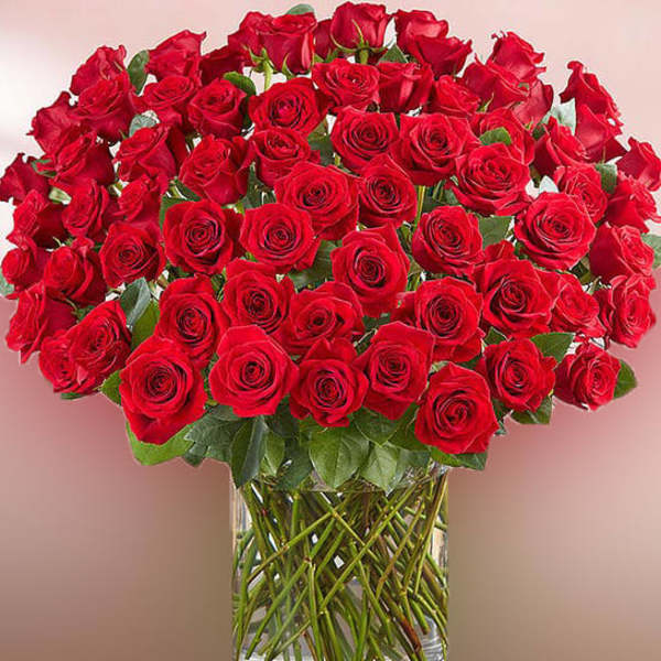 Large bouquet of red roses in a clear glass vase