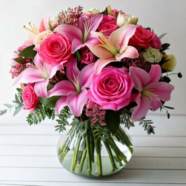 Pink roses and lilies arranged in a clear glass vase