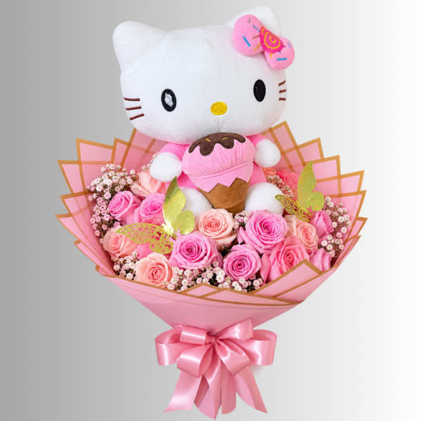 Hello Kitty plush with pink roses in a wrapped bouquet