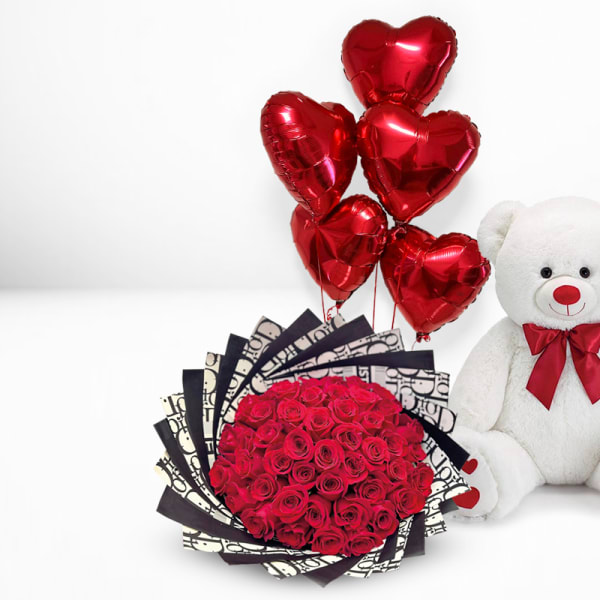 50 Red Roses Dior, 5 balloon & big Teddy