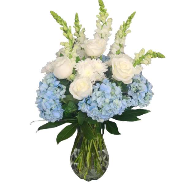 White roses and blue hydrangeas in a glass vase