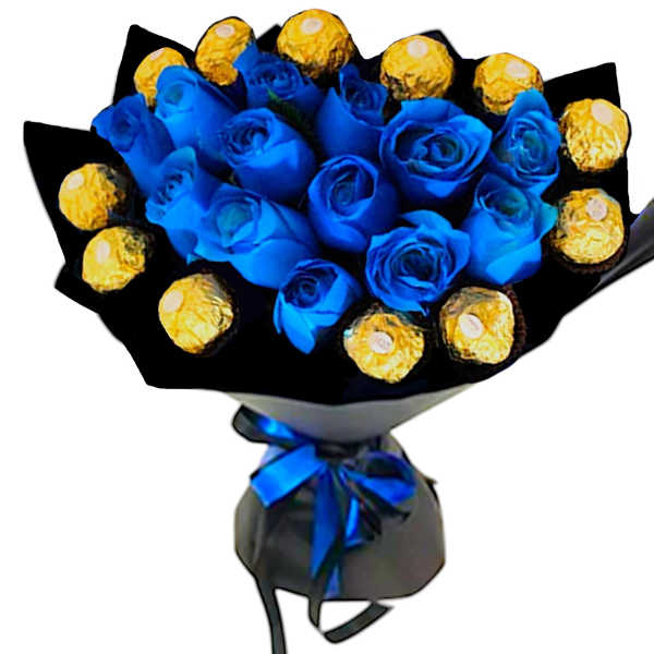Blue roses with gold-wrapped chocolates in a black bouquet wrap