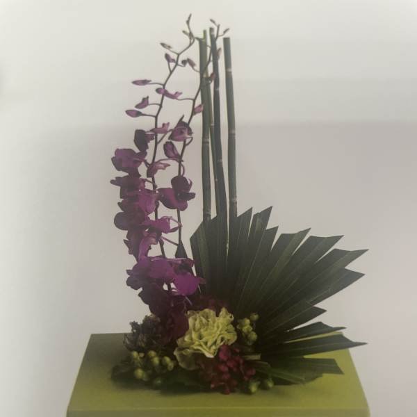 Purple orchid arrangement with green fan leaves in a square vase