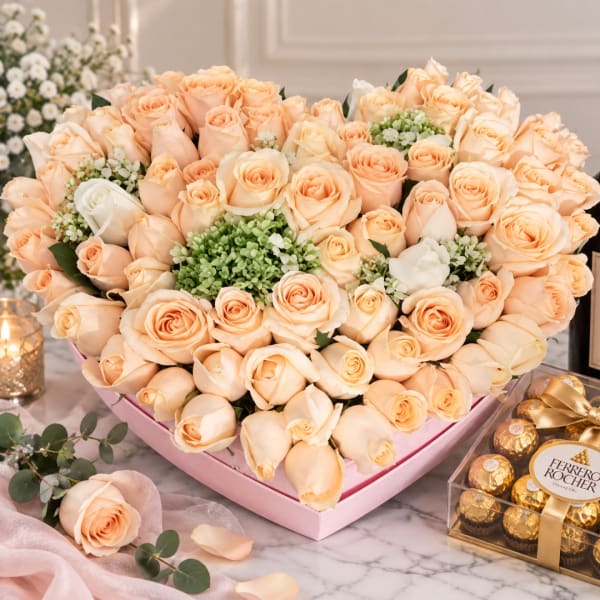 Heart-shaped box of peach roses with chocolates beside it