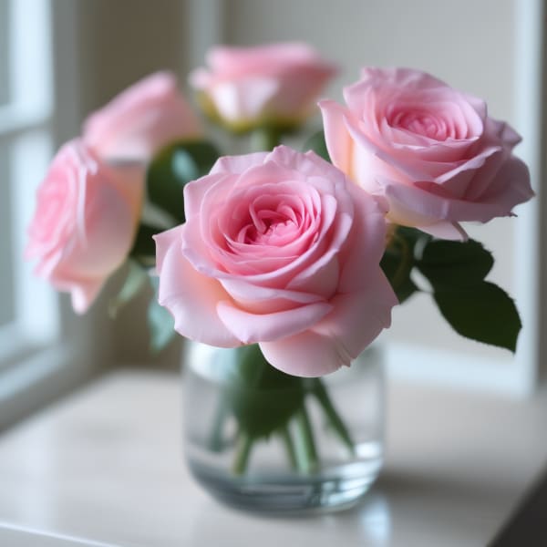 Pink roses in a clear glass vase