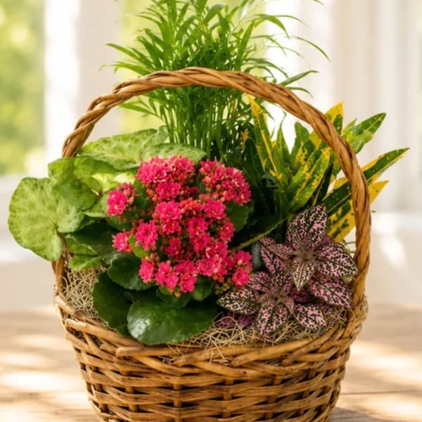 Basket of potted flowering plants with pink blooms and variegated foliage