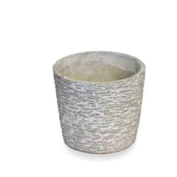 Textured gray ceramic planter pot on a white background