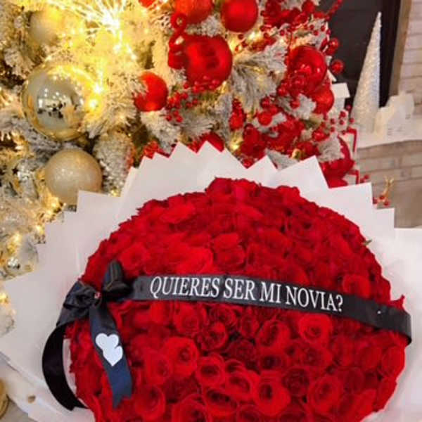 Large bouquet of red roses with a black ribbon and Spanish text band