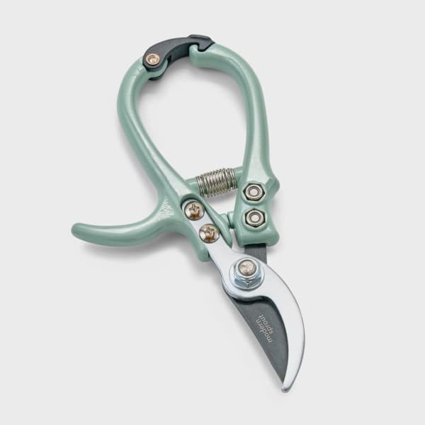 Mint green pruning shears with a curved silver blade