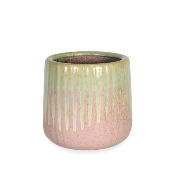 Small pastel ceramic planter with a pink and green drip glaze