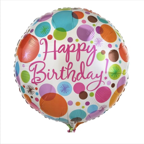 Round birthday balloon with colorful polka dots and pink text