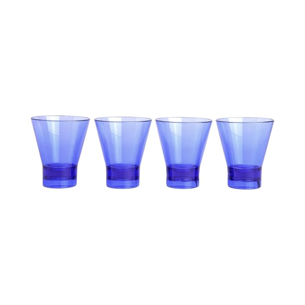 Four blue plastic tumblers on a white background