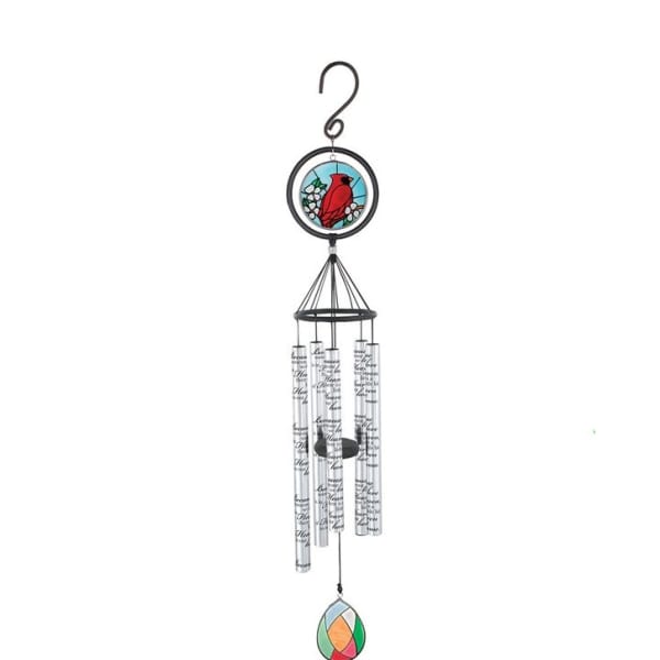 Decorative hanging wind chime with a red bird medallion and colored glass drop