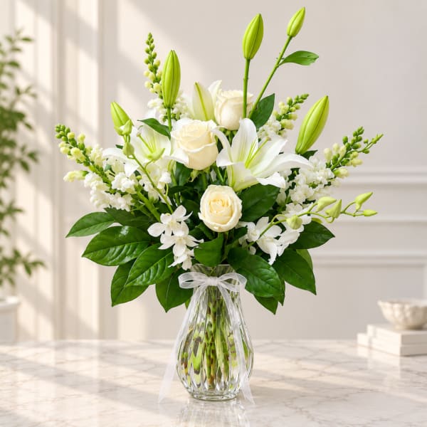 White roses and lilies arranged in a clear glass vase with a ribbon