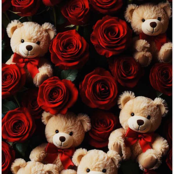 Red roses with small teddy bears and red bows