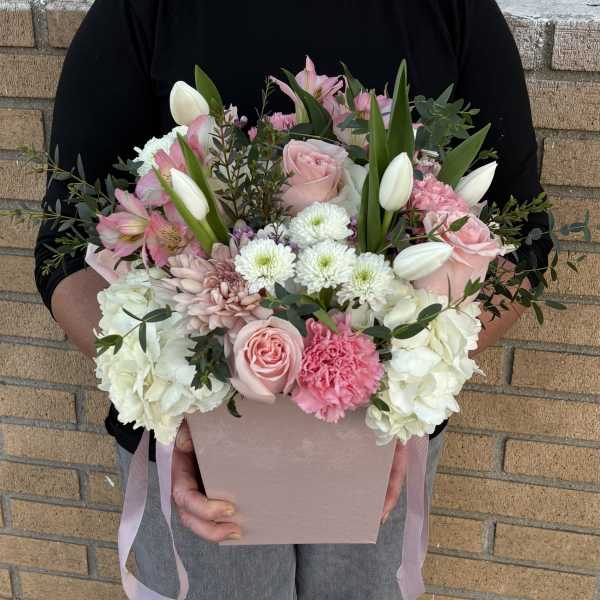 Pink and white mixed bouquet in a blush box with ribbon