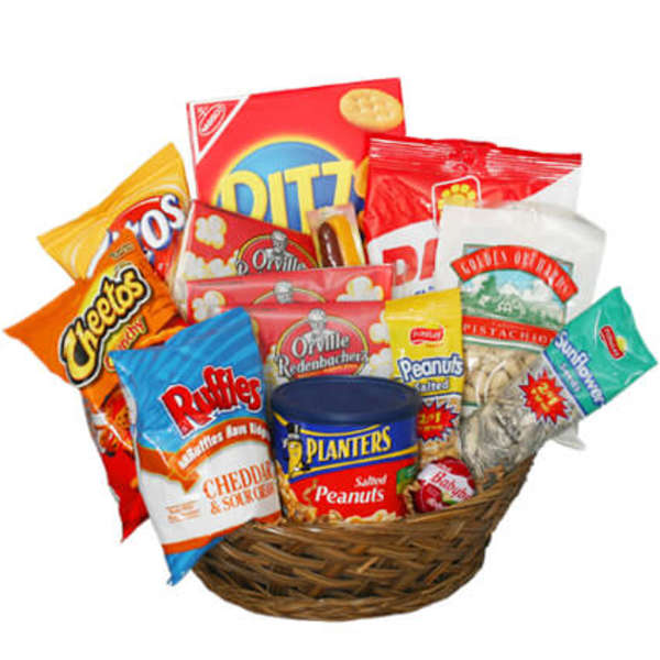 Basket of assorted snack bags and candy packages