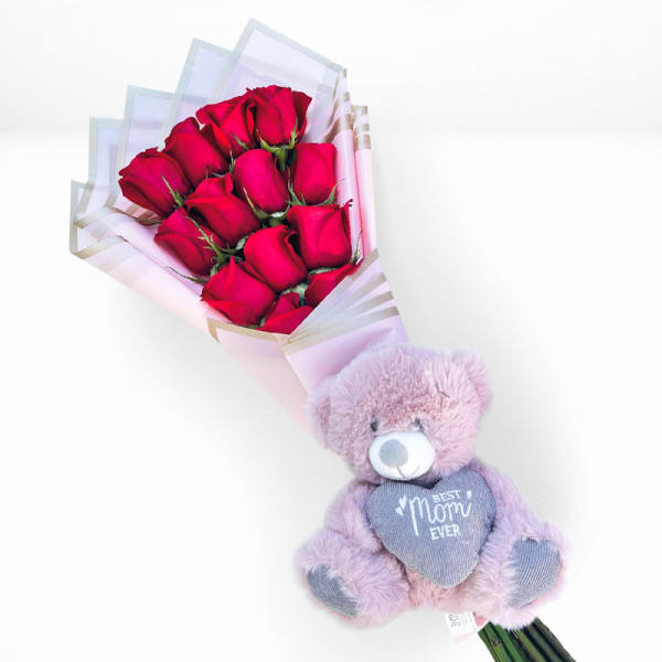 12 Red Roses & Mom Bear