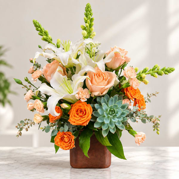 Peach roses and white lilies in a brown vase with a succulent accent