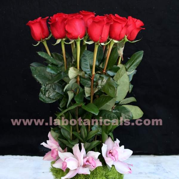 Tall arrangement of red roses and pink orchids in a square glass vase