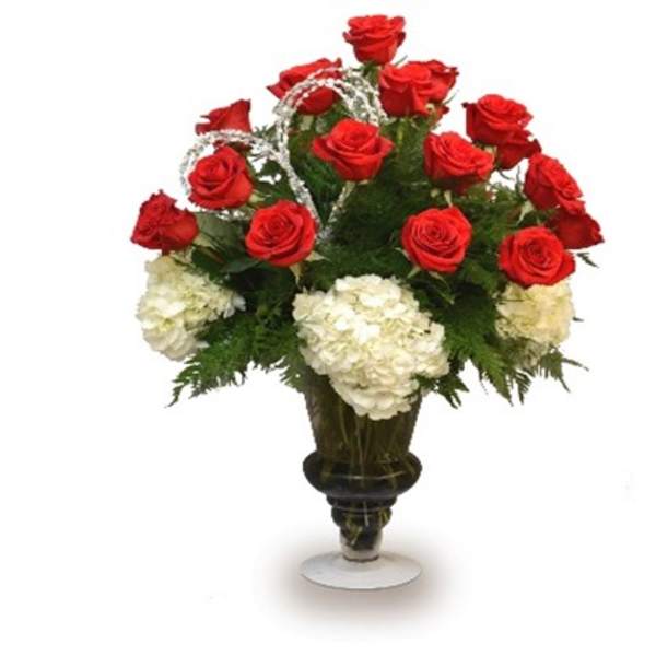 Red roses and white hydrangeas in a dark vase with silver ribbon accents