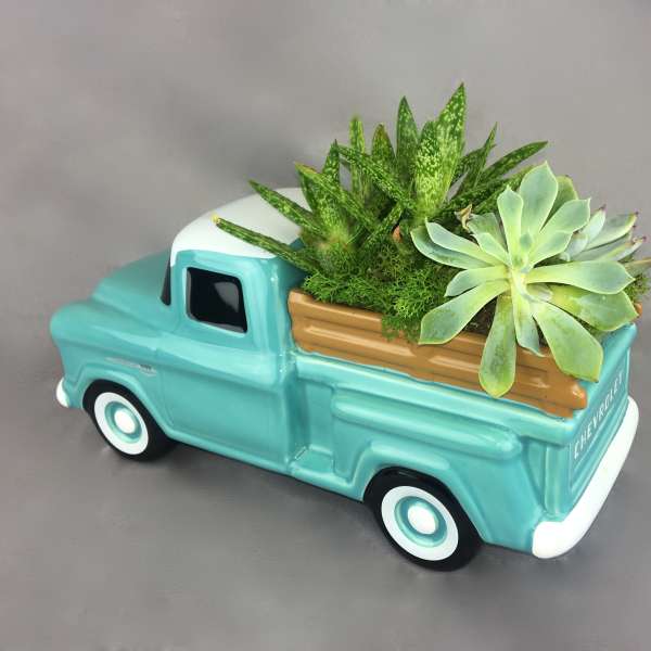 Succulent arrangement in a turquoise ceramic truck planter