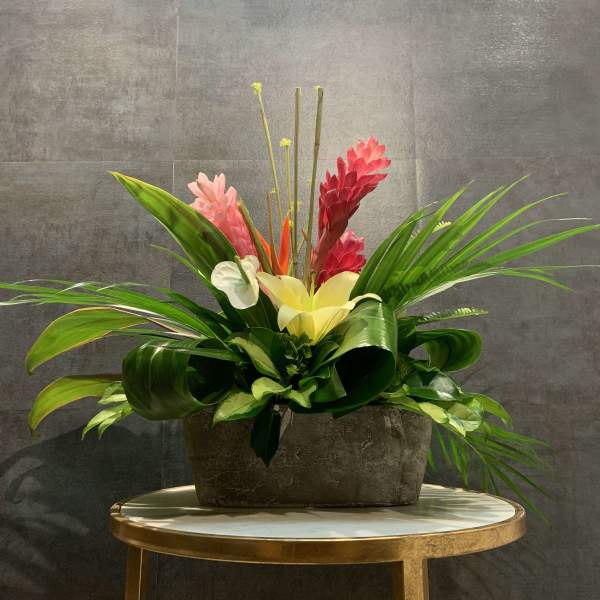 Tropical floral arrangement in a rectangular planter with pink and yellow blooms