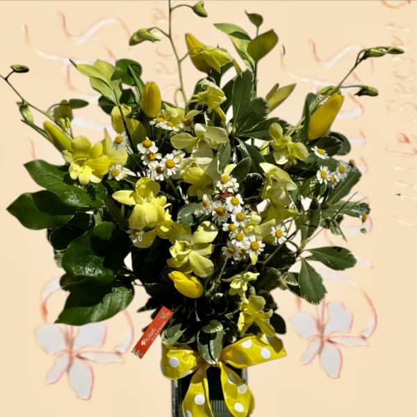 Yellow Gift Orchids Tulips Arrangement In A Cube Vase