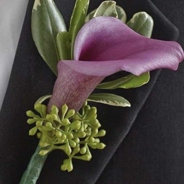 Purple calla lily boutonniere with green accents on a dark suit lapel