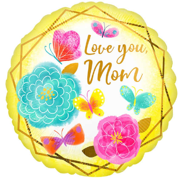 Round yellow balloon with "Love you, Mom" and colorful flowers and butterflies
