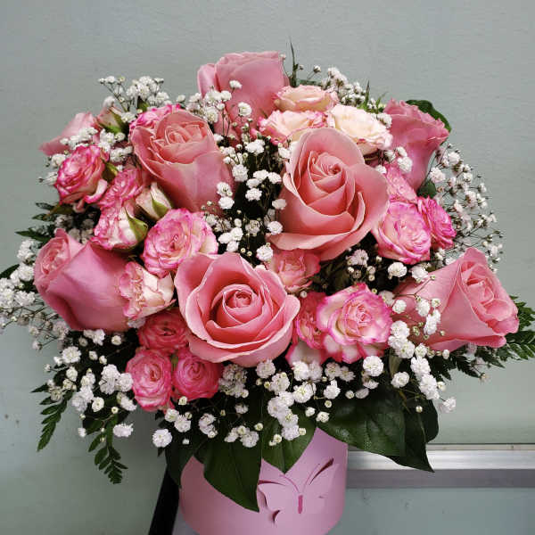 Pink rose bouquet in a pink butterfly box with white filler flowers