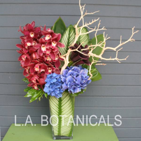 Tall vase arrangement with red orchids and blue hydrangeas