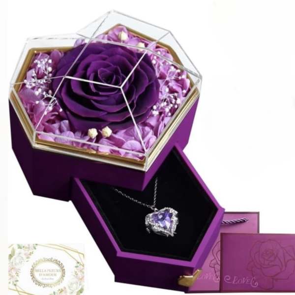 Purple rose in a hexagonal gift box with a necklace inside